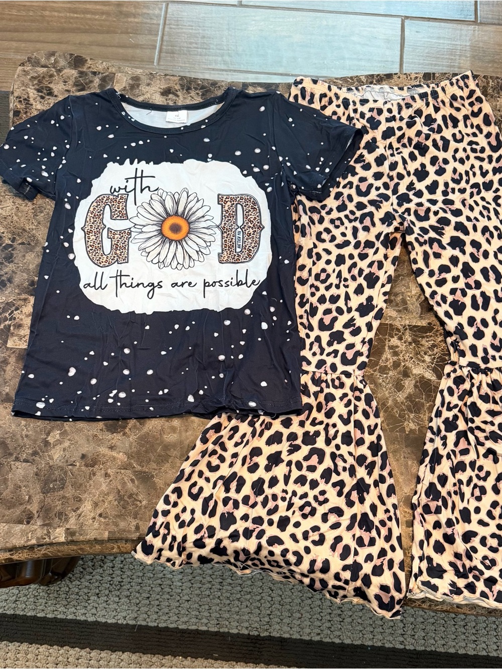 Graphic Daisy "With God" Black Top & Leopard Bell Pants Kids Matching Set